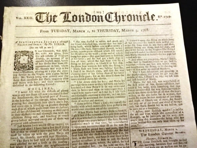 1768 London Chronicle Jonathan Swift: Title: 1768 London Chronicle Jonathan Swift Additional Info: The London Chronicle for March 1-3, 1768. Eight pages complete including red tax stamp. Interesting content including briefs from New York