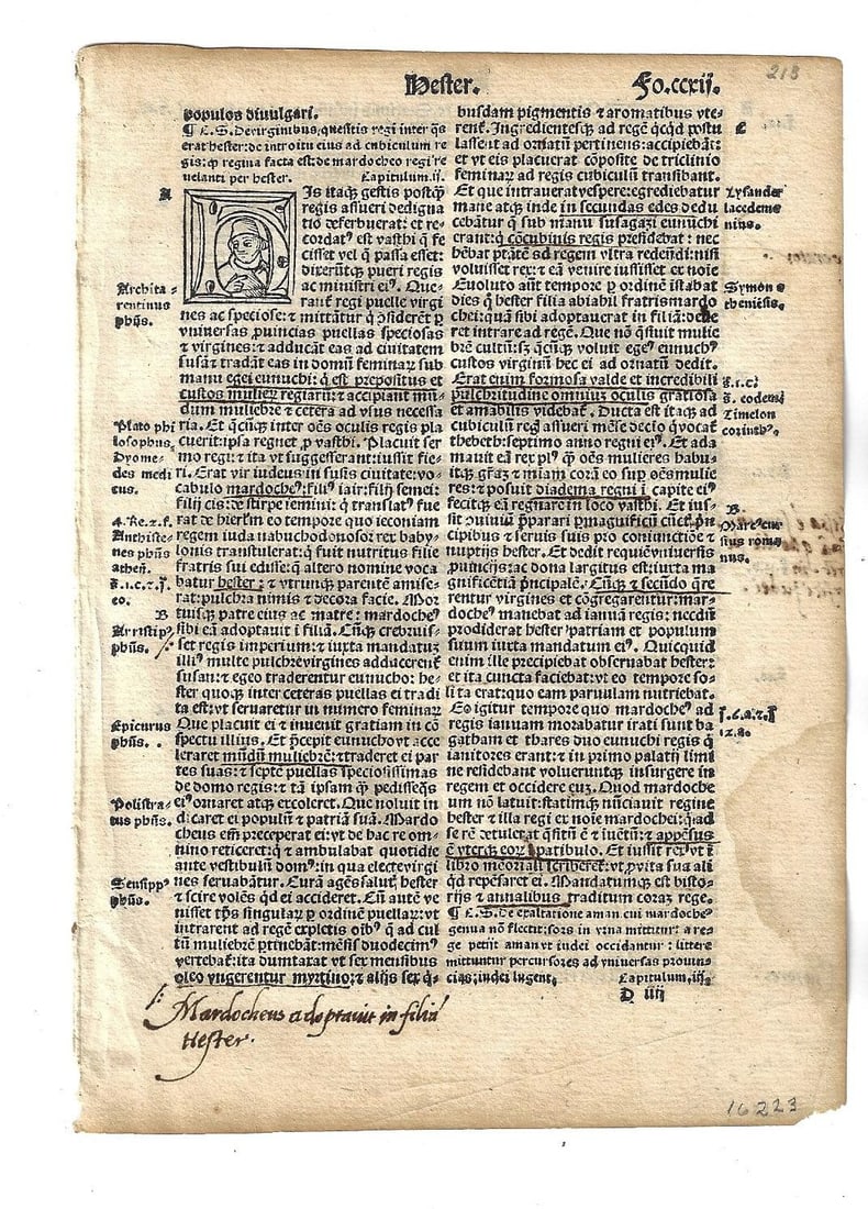 1514 Latin Bible Leaf Portrait Initials: Title: 1514 Latin Bible Leaf Portrait Initials Additional Info: A Latin bible leaf printed at Lyon in 1514 from Naum with portrait initial letters and early annotations. Fine condition, measures 4.875