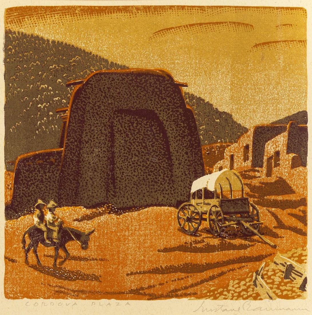 Gustave Baumann Cordova Plaza Print: Title: Gustave Baumann Cordova Plaza Print Description: Gustave Baumann Cordova Plaza Print mounted to board measuring at 11.5x13.25 inches. NOT a woodblock print Dimensions: 11.5x13.25" Reserve: $60.