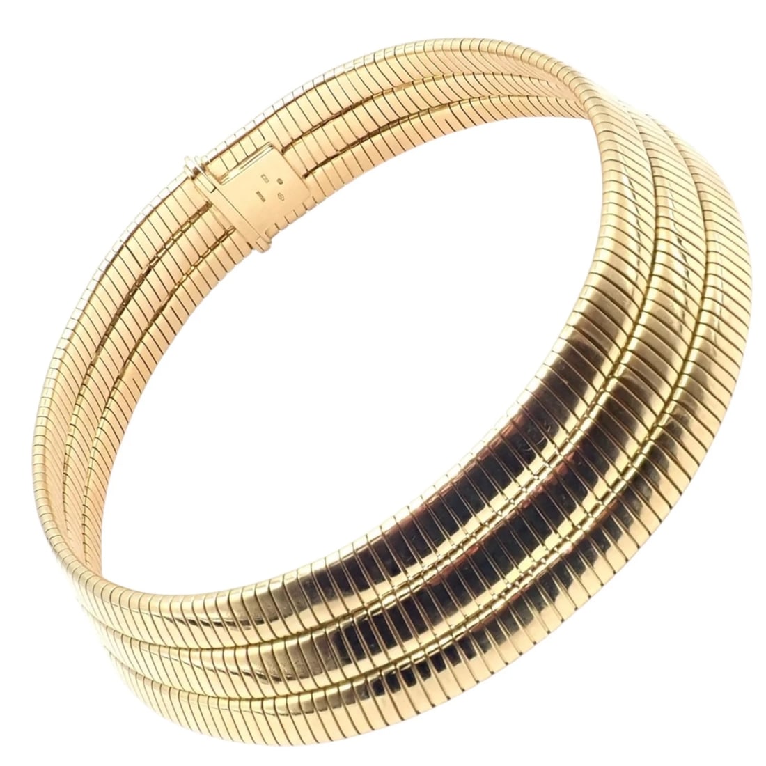 Authentic! Bvlgari Bulgari Three Rows Tubogas 18k Yellow Gold Choker Necklace: Bvlgari three-row Tubogas choker crafted in luxurious 18k yellow gold. Its iconic flexible coil design wraps smoothly around the neck, showcasing bold Italian glamour and impeccable engineering. Sculp