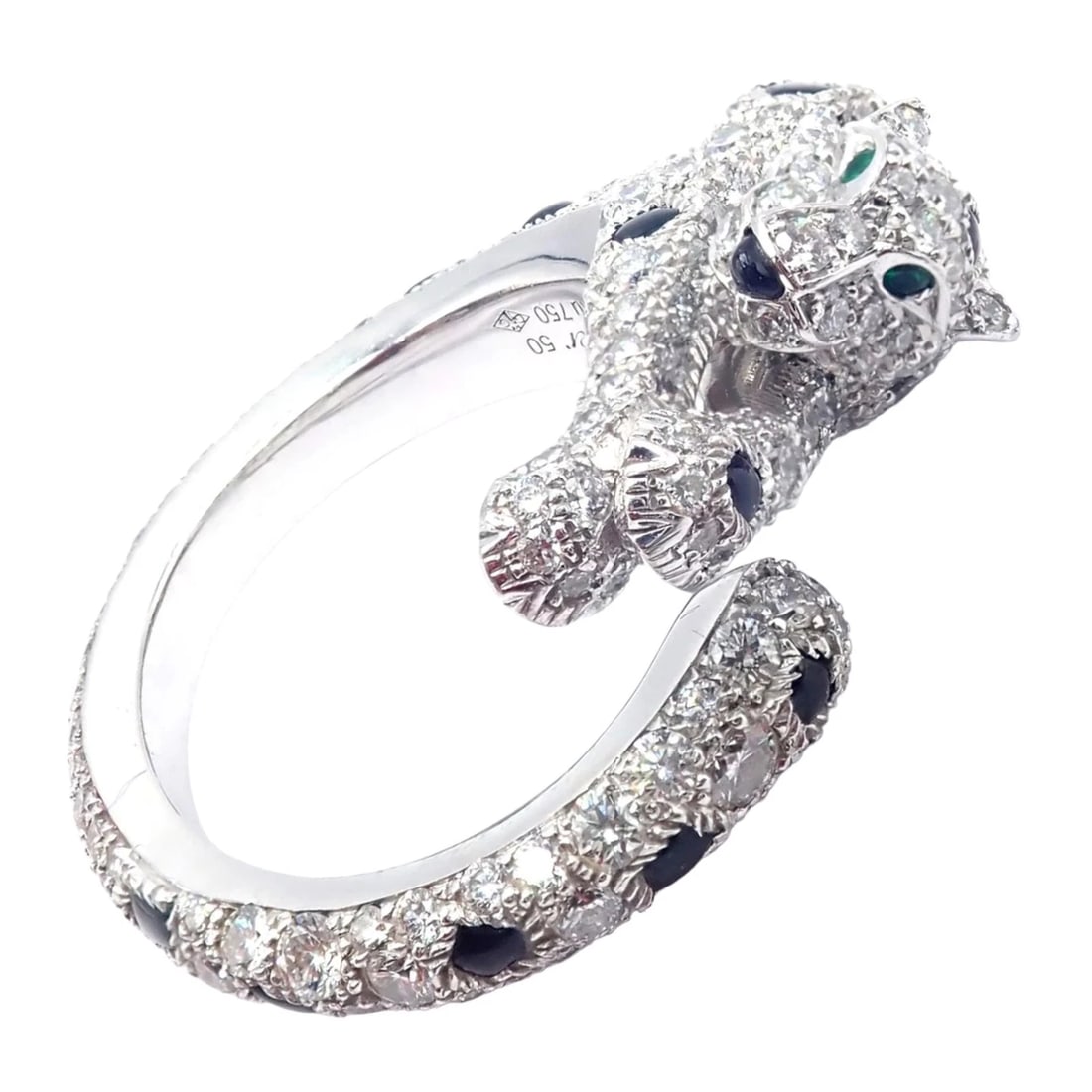 Authentic! Cartier Panther Panthere 18k White Gold Diamond Onyx Ring Paper: The Authentic Cartier Panther Panthere ring is an exquisite piece of jewelry crafted from 18k white gold. It features a striking panther design, adorned with sparkling diamonds and deep black onyx acc