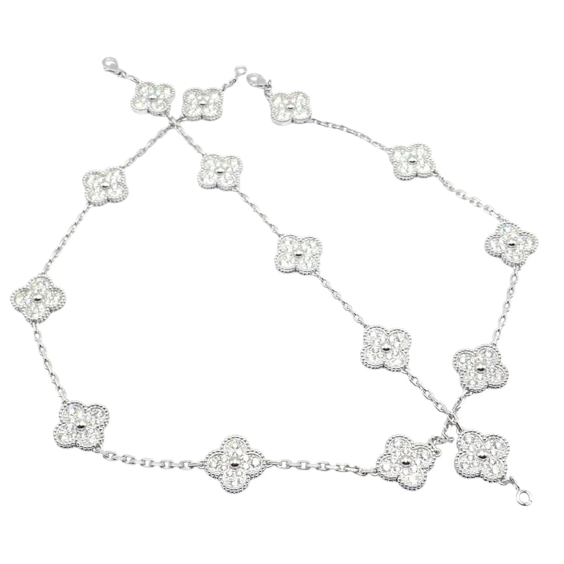 Van Cleef & Arpels 18k Gold Vintage Alhambra Diamond Necklace Bracelet Set Cert.: The Van Cleef & Arpels 18k White Gold 10 Motif Vintage Alhambra Necklace And 18k White Gold 5 Motif Vintage Alhambra bracelet set features the iconic clover-inspired design, adorned with sparkling dia