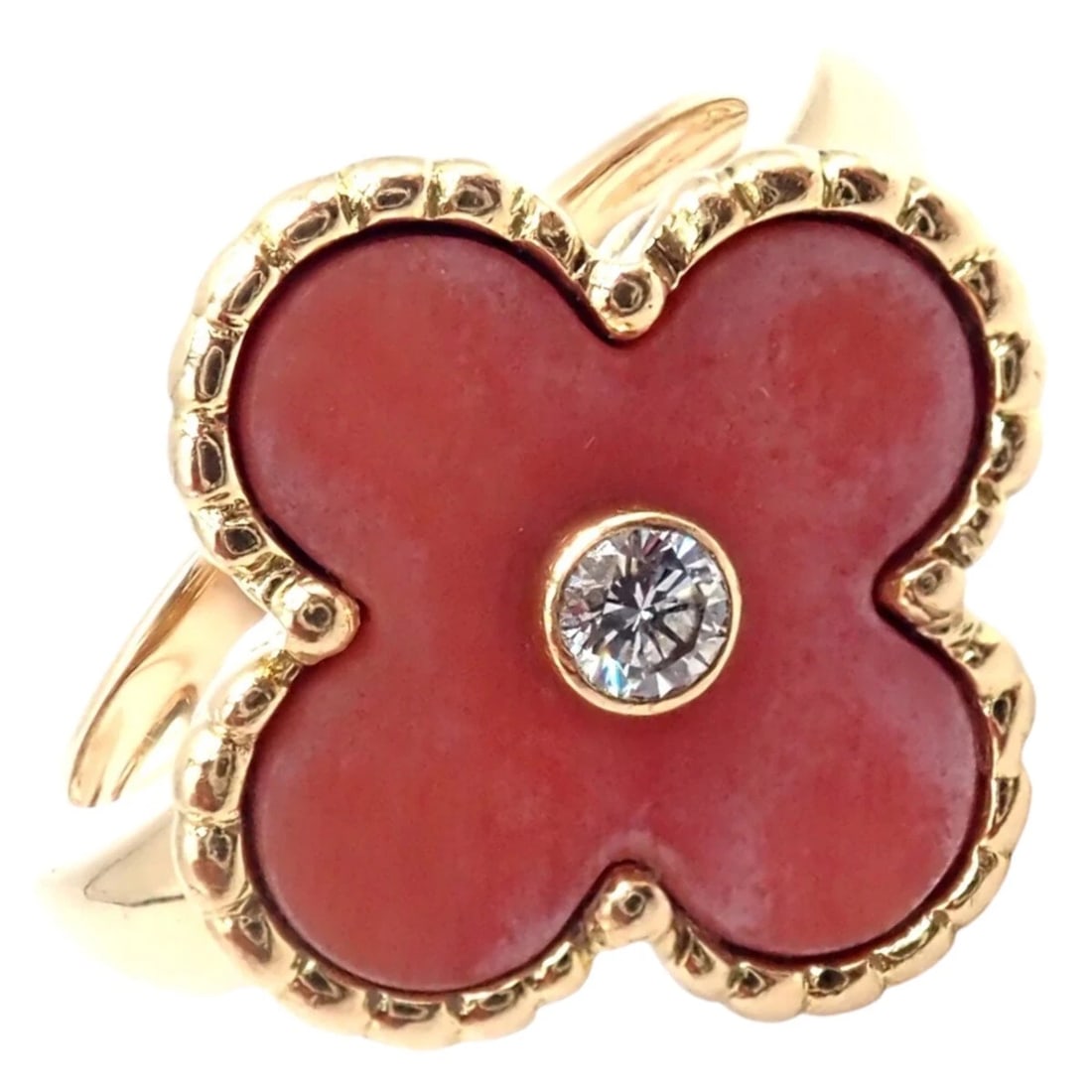Authentic! Van Cleef & Arpels Alhambra 18k Yellow Gold Coral Diamond Ring Paper: Authentic! Van Cleef & Arpels Alhambra 18k Yellow Gold Coral Diamond Ring Paper About This Piece: The Van Cleef & Arpels Alhambra 18k Yellow Gold Coral Diamond Ring features the iconic clover motif, c