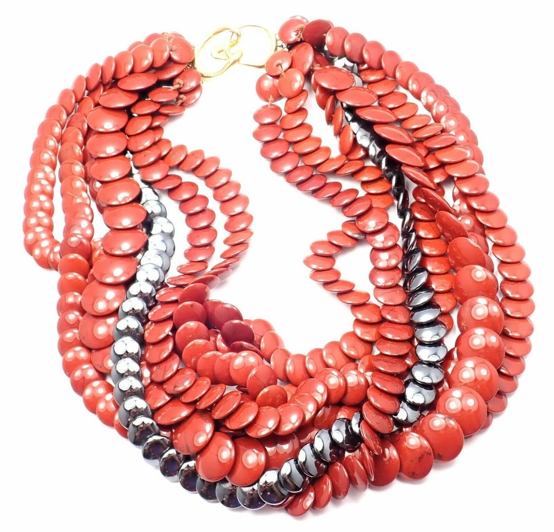 Authentic! Vintage Tiffany Co 18k Yellow Gold Jasper Hematite Bead Necklace: Authentic! Vintage Tiffany Co 18k Yellow Gold Jasper Hematite Bead Necklace About This Piece: Metal: 18k Yellow Gold Length: 18" Weight: 259.7 grams Width: Stones: 1.5" 6 rows of Jasper beads 1 row o