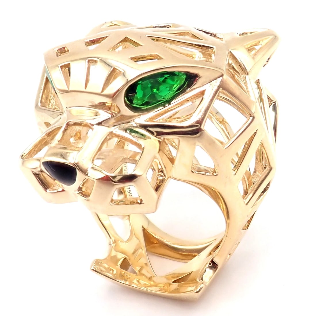 Authentic! Cartier Panther Panthere 18k Yellow Gold Tsavorite Onyx Large Ring (1 of 13)