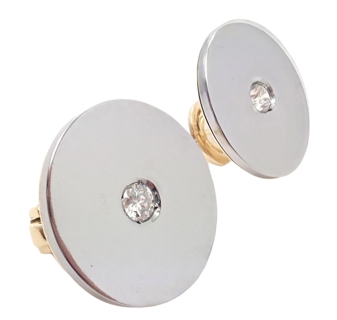Rare! Authentic Bvlgari Bulgari 18k Yellow + White Gold Diamond Disc Earrings: Rare! Authentic Bvlgari Bulgari 18k Yellow + White Gold Diamond Disc Earrings About This Piece: Metal: 18k Yellow + White Gold Measurements: 19mm Disc Weight: 13.6 grams Stones: 2x Diamonds - G Color/