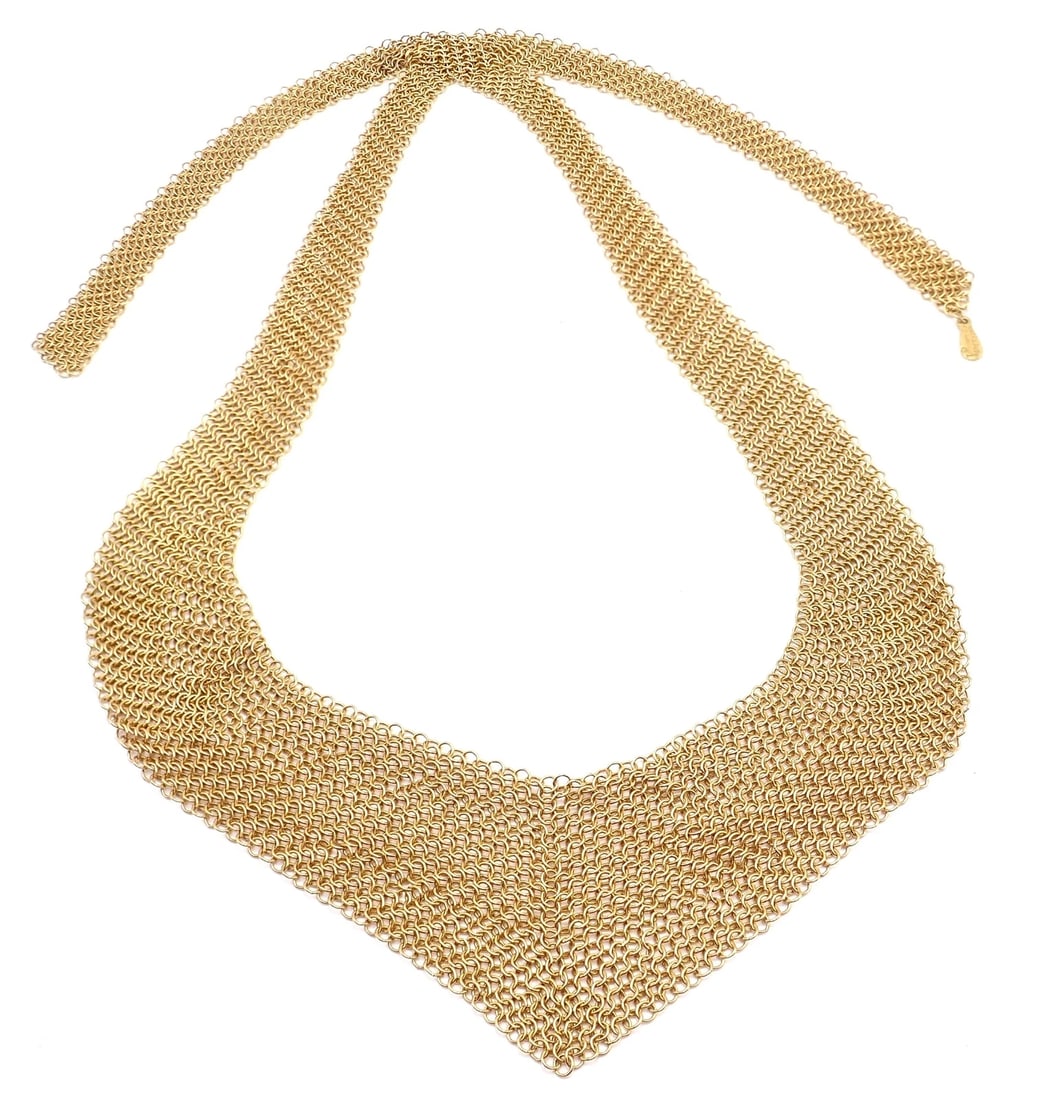 Vintage! Authentic Tiffany & Co Peretti 20k Yellow Gold Mesh Bib Scarf Necklace: Vintage! Authentic Tiffany & Co Peretti 20k Yellow Gold Mesh Bib Scarf Necklace About This Piece: Metal: 20k Yellow Gold Length: 26" Weight: 55.2 grams Width: from 1 3/4" to 1/4" Hallmarks: Tiffany &