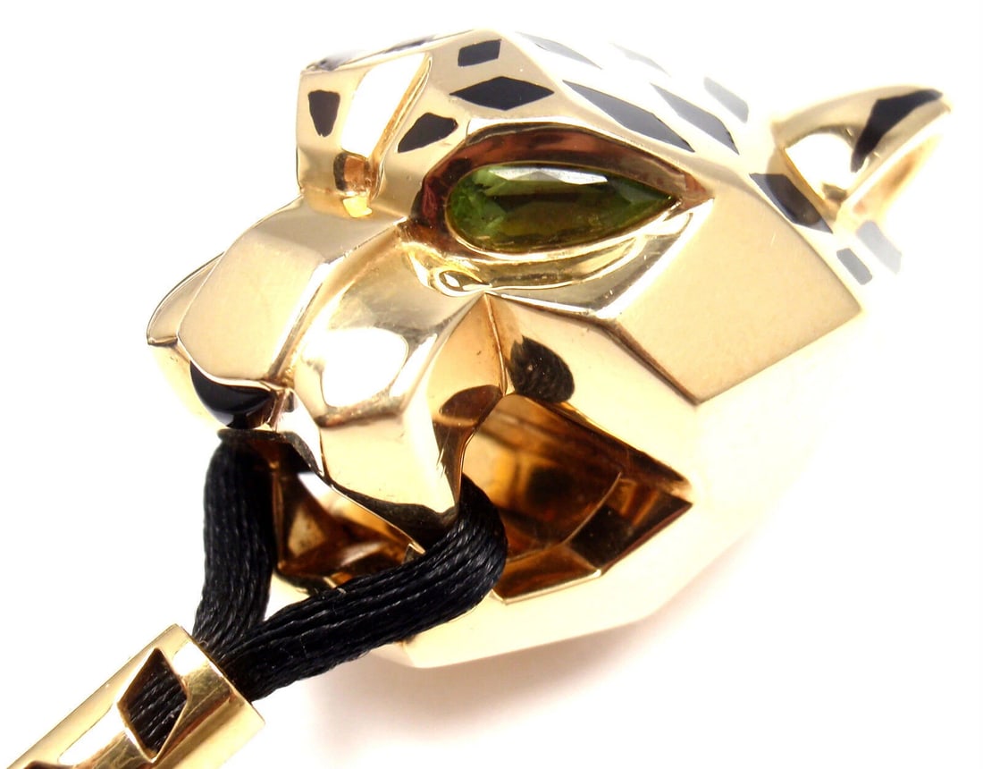 Authentic Cartier Panther Panthere 18k Yellow Gold Emerald Lacquer Cord Necklace (1 of 12)
