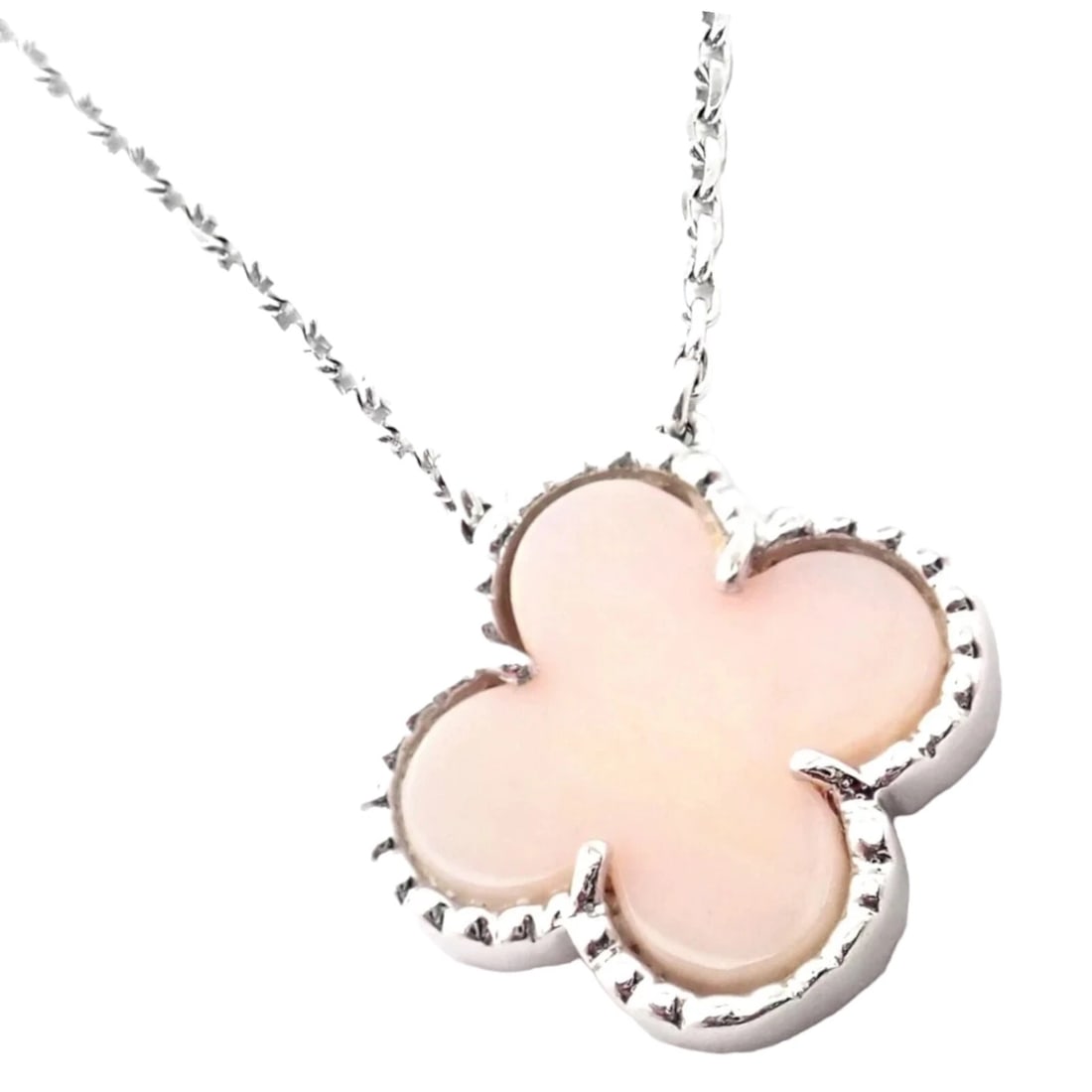 Authentic! Van Cleef & Arpels Alhambra 18k White Gold Pink Opal Necklace Cert.: Authentic! Van Cleef & Arpels Alhambra 18k White Gold Pink Opal Necklace Cert. About This Piece: The Van Cleef & Arpels Alhambra 18k White Gold Pink Opal Pendant Necklace is a masterpiece of refined e