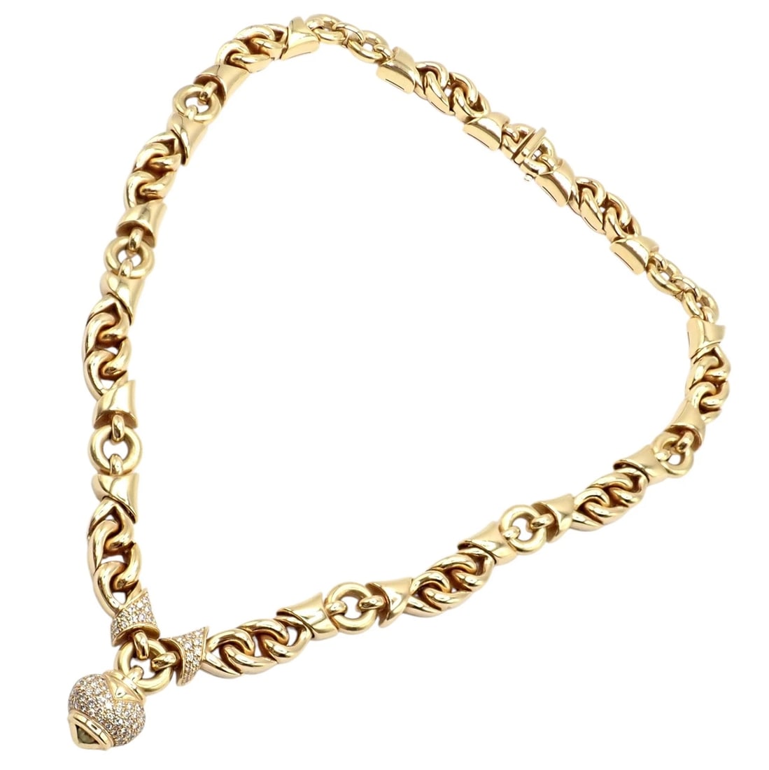 Rare! Bvlgari Bulgari 18k Yellow Gold Diamond Doppio Cuore Heart Necklace: Rare! Bvlgari Bulgari 18k Yellow Gold Diamond Doppio Cuore Heart Necklace About This Piece: Rare and luxurious, this Bvlgari Doppio Cuore Heart Necklace is crafted in 18k yellow gold with a bold, intr