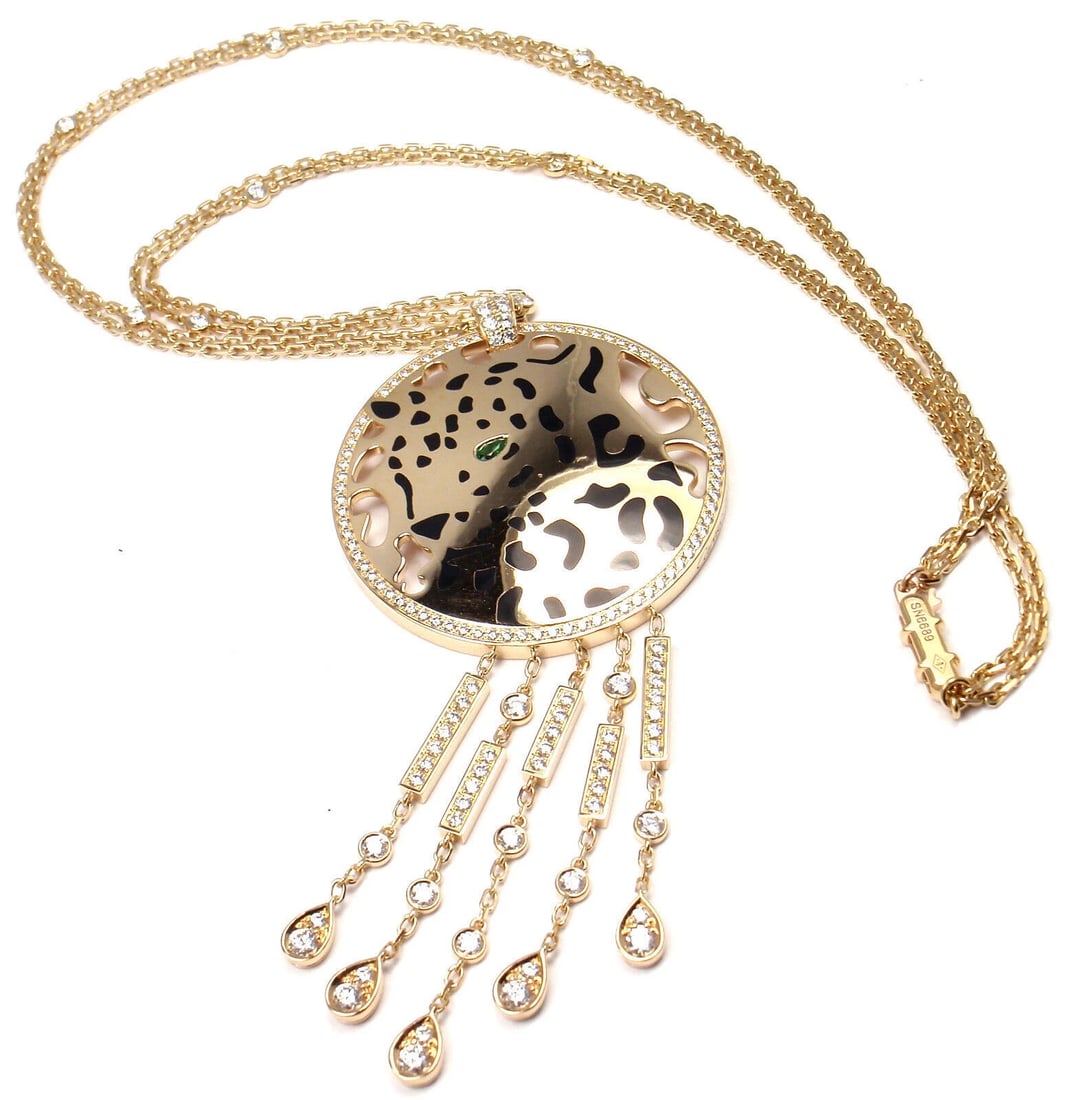 Authentic! Cartier Panther 18k Yellow Gold Diamond Tsavorite Lacquer Necklace: Authentic! Cartier Panther 18k Yellow Gold Diamond Tsavorite Lacquer Necklace About This Piece: This necklace comes with original Cartier box. Retail Price: $42,000 Metal: 18k Yellow Goold Measurement