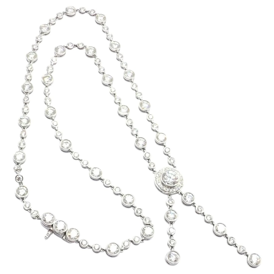 Tiffany & Co Jazz Platinum 8.75ct Diamond Lariat Drop Necklace: Tiffany & Co Jazz Platinum 8.75ct Diamond Lariat Drop Necklace About This Piece: The Tiffany & Co. Jazz Platinum 8.75ct Diamond Lariat Drop Necklace is an exquisite statement piece featuring round bri