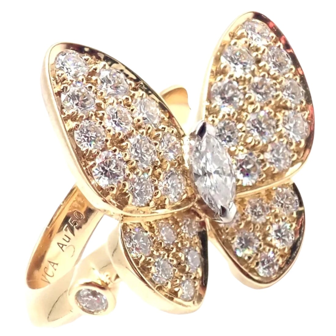 Authentic! Van Cleef & Arpels 18k Yellow Gold Diamond Two Butterfly Ring Cert.: Authentic! Van Cleef & Arpels 18k Yellow Gold Diamond Two Butterfly Ring Cert. About This Piece: The Authentic Van Cleef & Arpels 18k Yellow Gold Diamond Two Butterfly Ring is a luxurious piece, showc