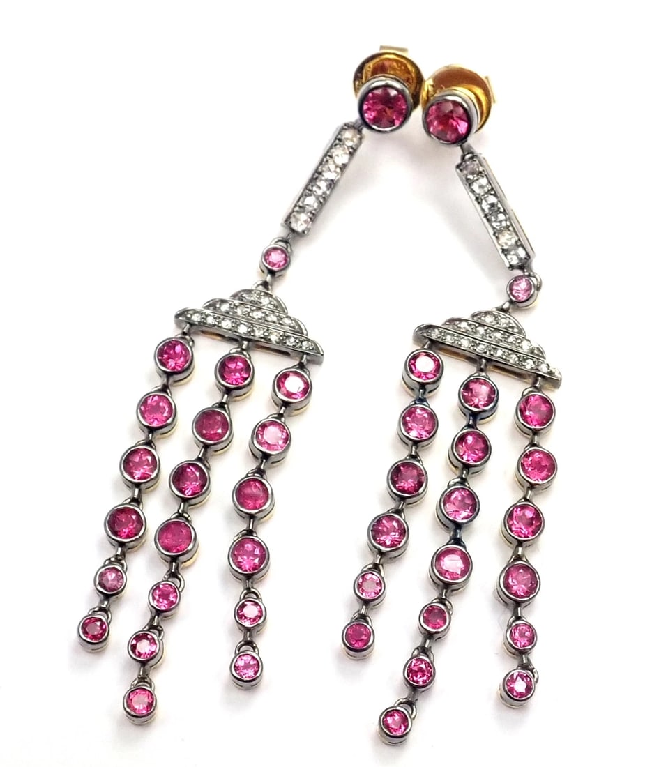 Rare! Authentic Laura Munder 18k Yellow Gold Diamond Pink Sapphire Earrings: Rare! Authentic Laura Munder 18k Yellow Gold Diamond Pink Sapphire Earrings About This Piece: These earrings are for pierced ears. Metal: 18k yellow gold Measurements: 2 3/4" x 1/2" Weight: 15.9 grams