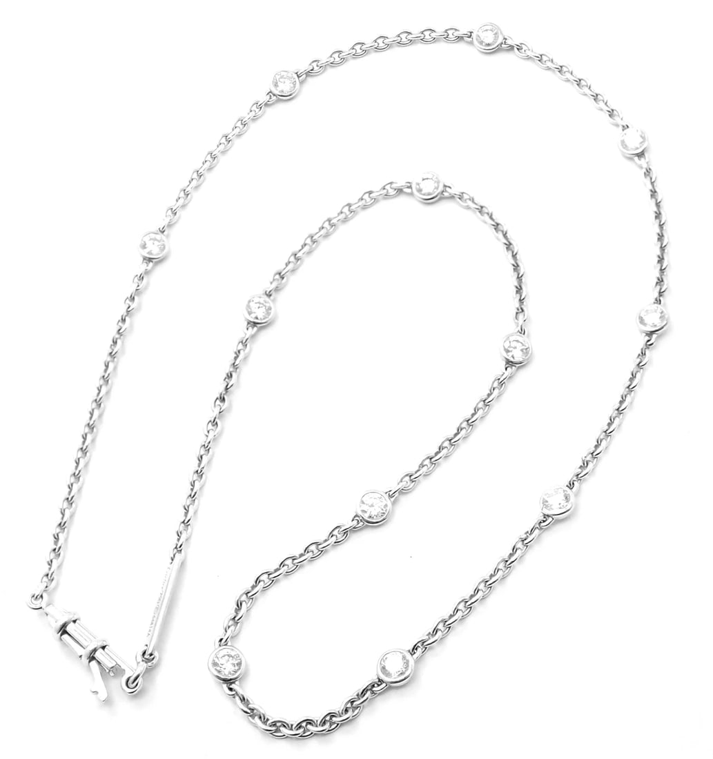 Authentic! Cartier 18k White Gold 1.5ct Diamond By The Yard Chain Necklace: Authentic! Cartier 18k White Gold 1.5ct Diamond By The Yard Chain Necklace About This Piece: Metal: 18k White Gold Length: Weight: 14.5" 6.3 grams Width: Chain 2mm Bezels 4mm Stones: 12 round br