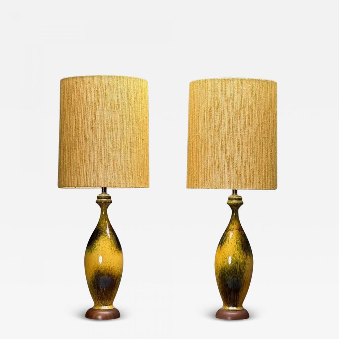 American Mid-Century Modern, Large Table Lamps, Glazed Ceramic, Yellow, Fabric - 2