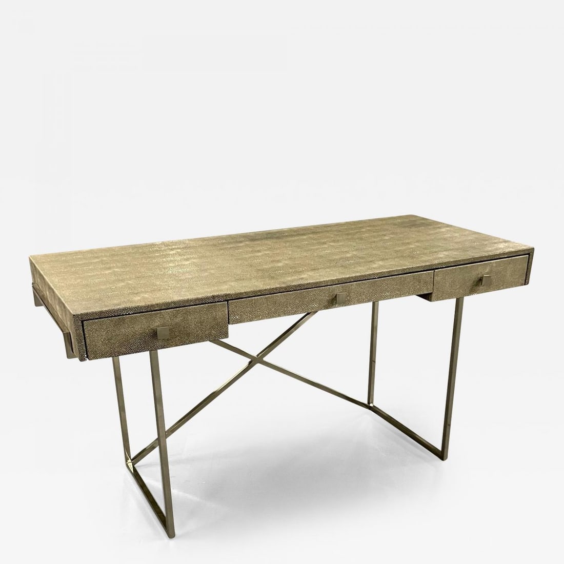 Modern Karl Springer Style Three-Drawer Faux Shagreen Desk/Writing Table, Chrome (1 of 13)