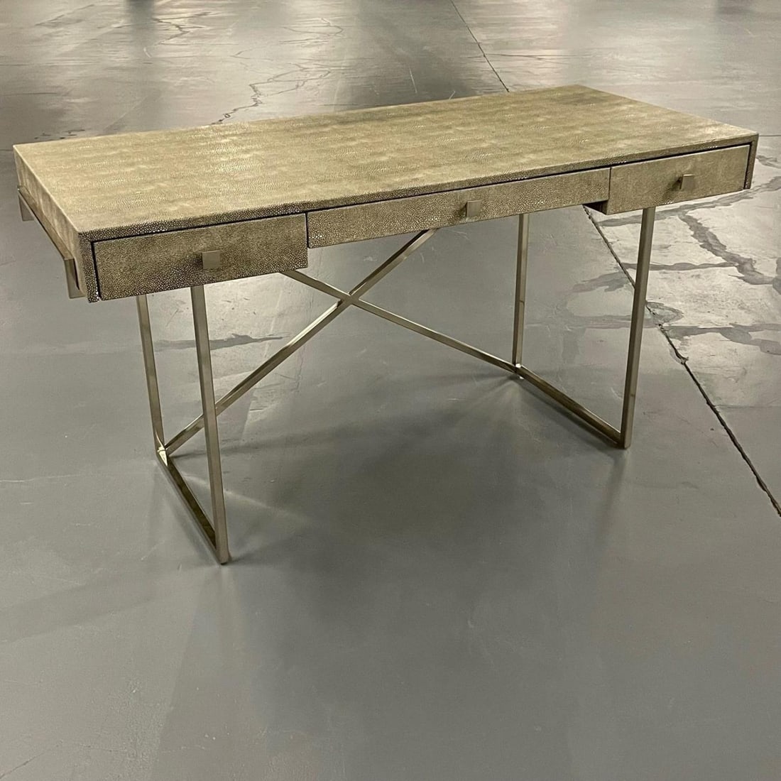 Modern Karl Springer Style Three-Drawer Faux Shagreen Desk/Writing Table, Chrome - 3