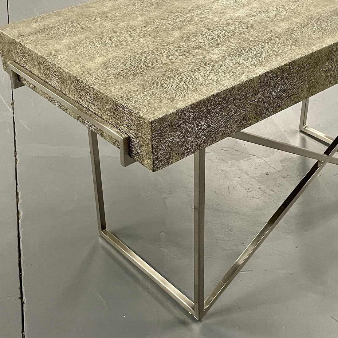 Modern Karl Springer Style Three-Drawer Faux Shagreen Desk/Writing Table, Chrome - 6