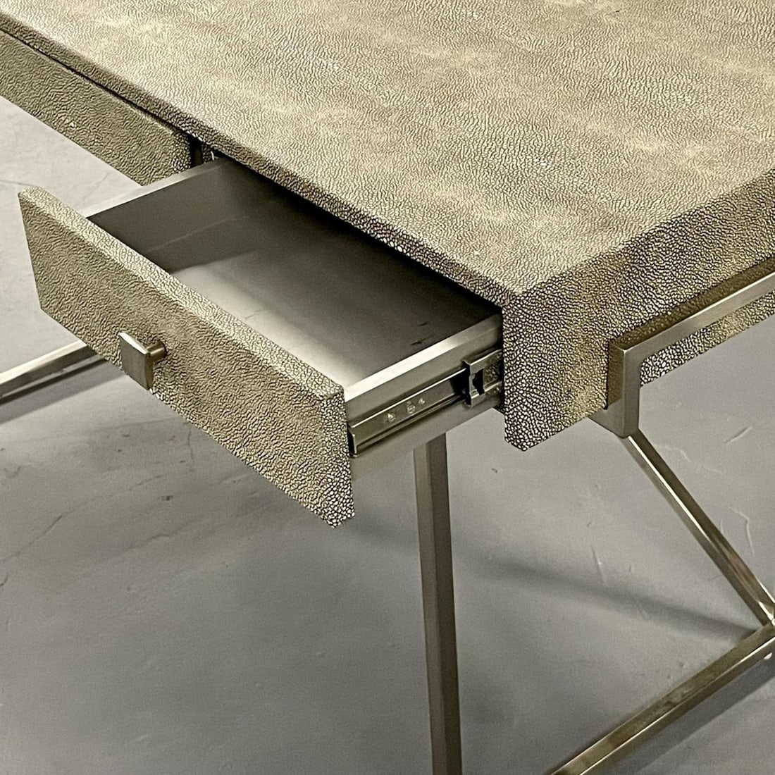 Modern Karl Springer Style Three-Drawer Faux Shagreen Desk/Writing Table, Chrome - 9