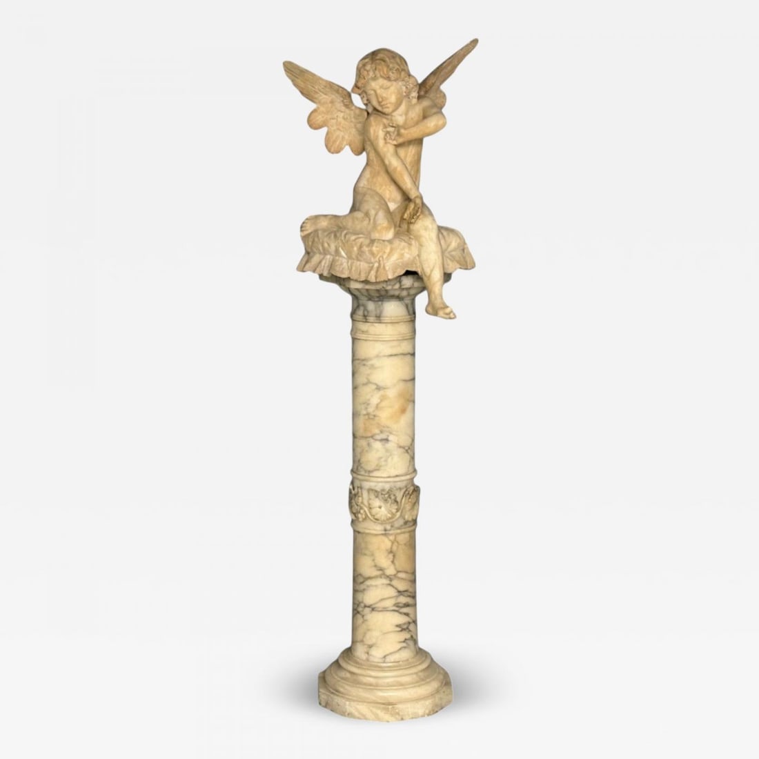 Neoclassical, Winged Angel On Pillow, Alabaster Statue on Pedestal, Italy, 1920s (1 of 13)