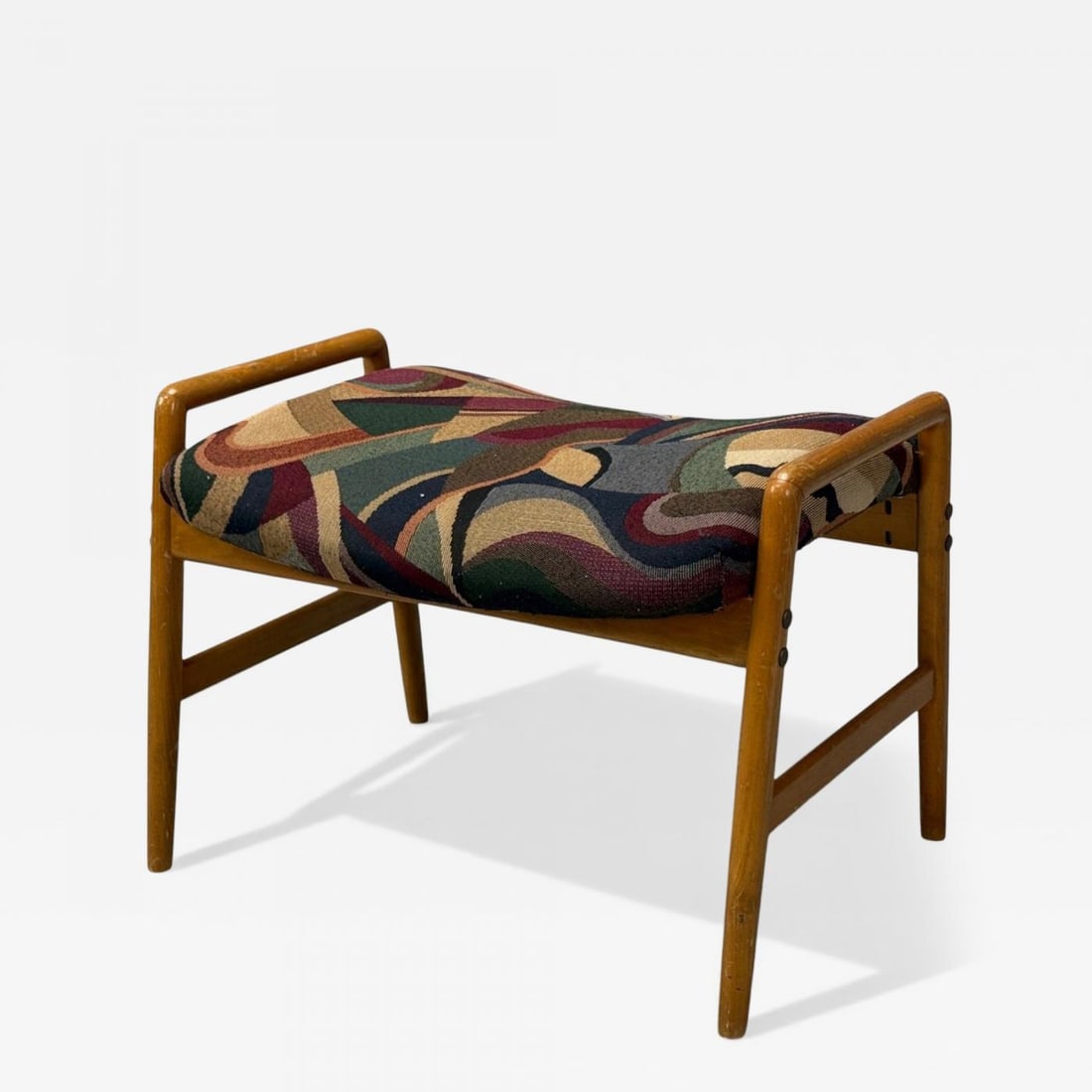Danish Modern, Aztec Fabric, Light Stained Wood, Footstool, Denmark, 1950s (1 of 9)