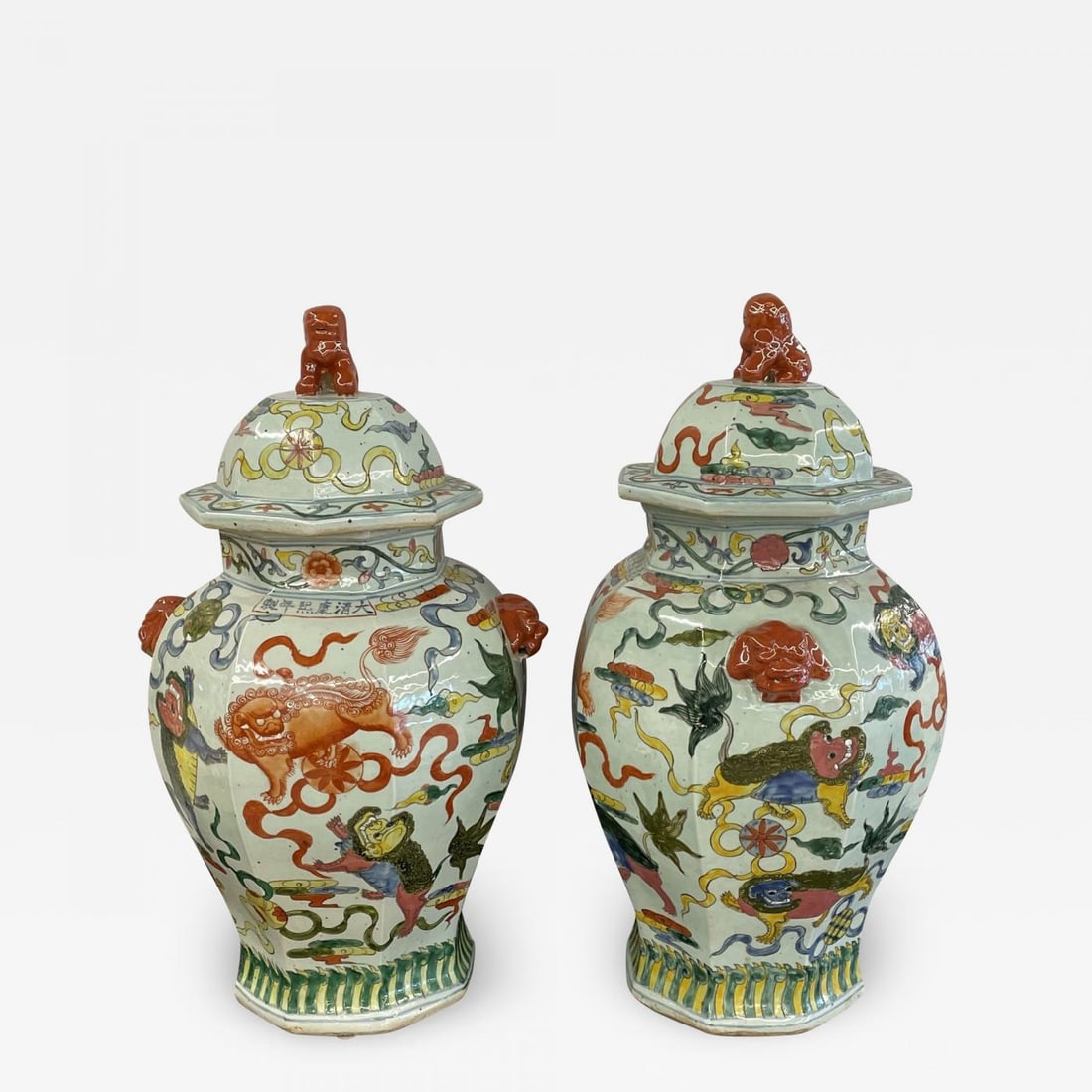 Pair of 19th Century Temple Jars, Lidded, Chinoiserie Foo Dog Finials, 19th C. (1 of 13)