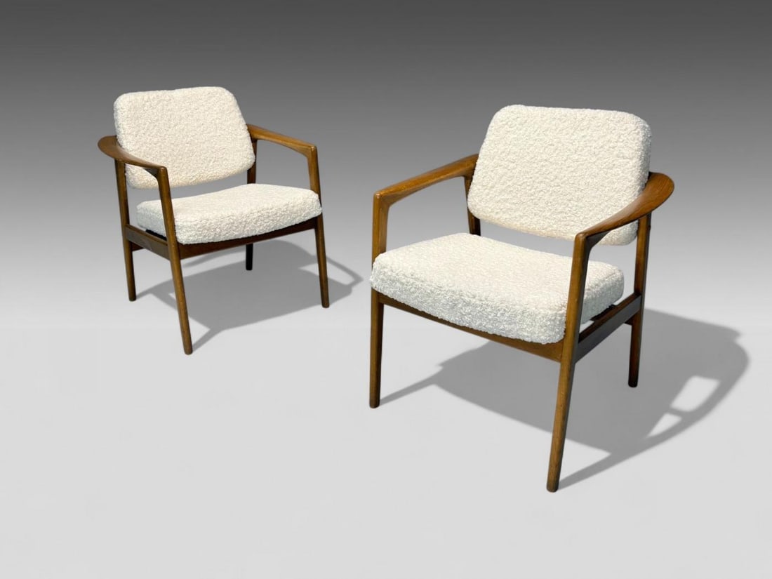 Folke Ohlsson attr, Swedish Modern, White Shearling, Oak, Arm Chairs, 1960s - 3