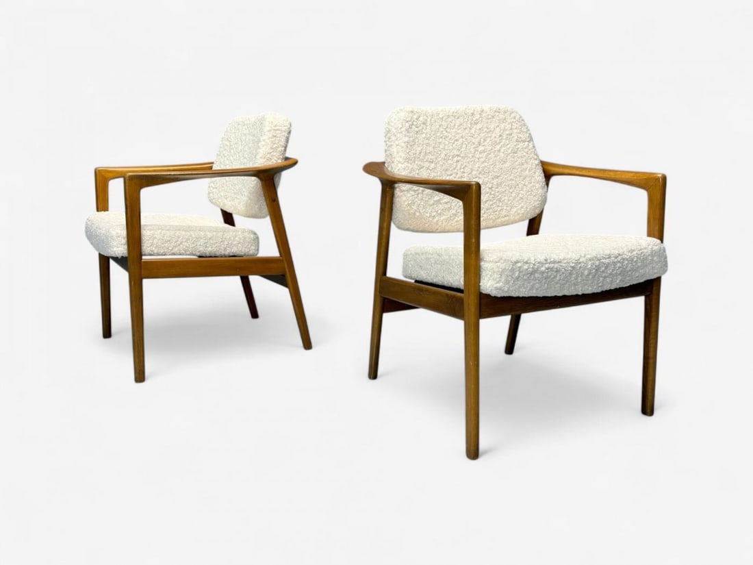 Folke Ohlsson attr, Swedish Modern, White Shearling, Oak, Arm Chairs, 1960s - 5
