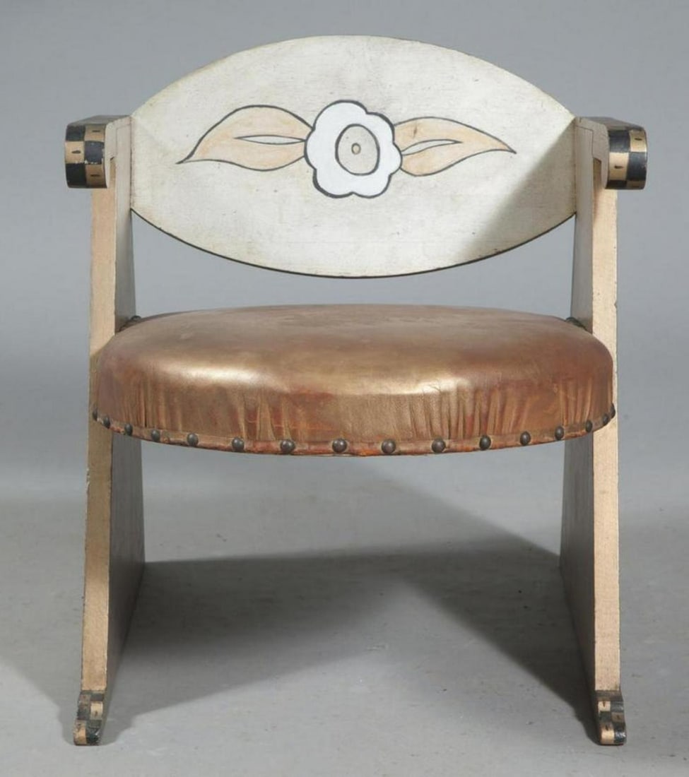 Gray, Black and White Painted Wood and Leather Upholstered Child's or Doll Chair - 3