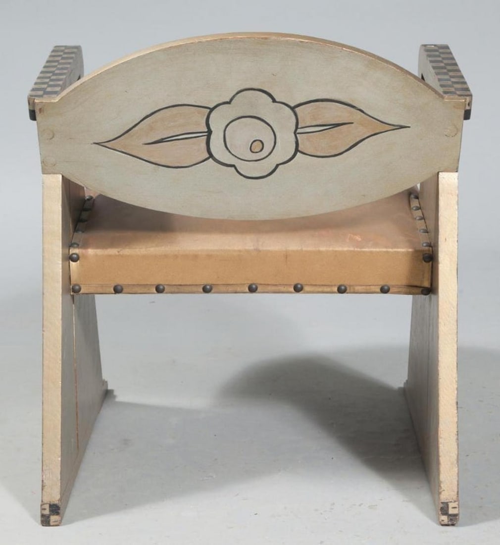 Gray, Black and White Painted Wood and Leather Upholstered Child's or Doll Chair - 4