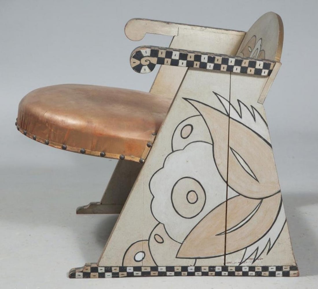 Gray, Black and White Painted Wood and Leather Upholstered Child's or Doll Chair - 5