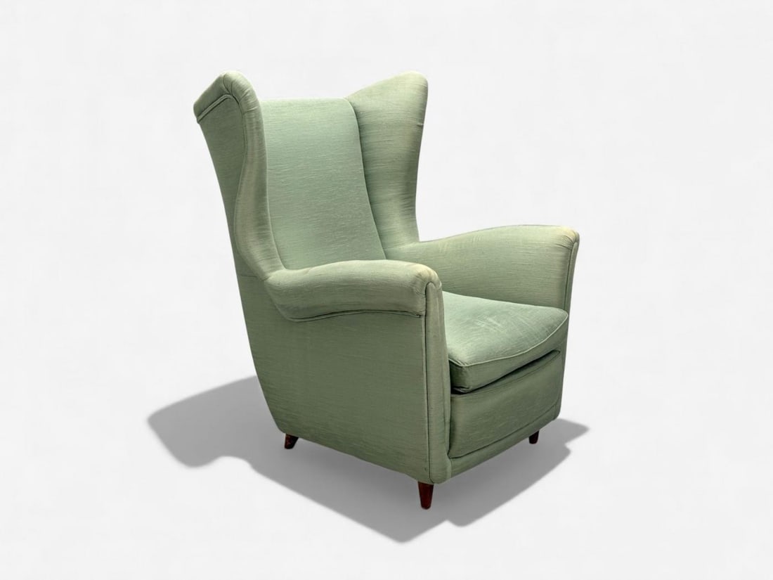 Melchiorre Bega, Green Fabric, Wood, Lounge Chair, Italy, 1950s - 4