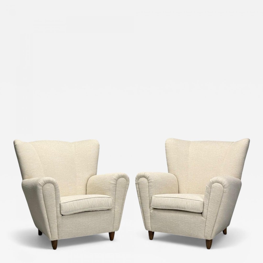 Italian Modern, Stained Wood, Beige Tweed Fabric, Club Chairs, Italy, 1940s (1 of 13)