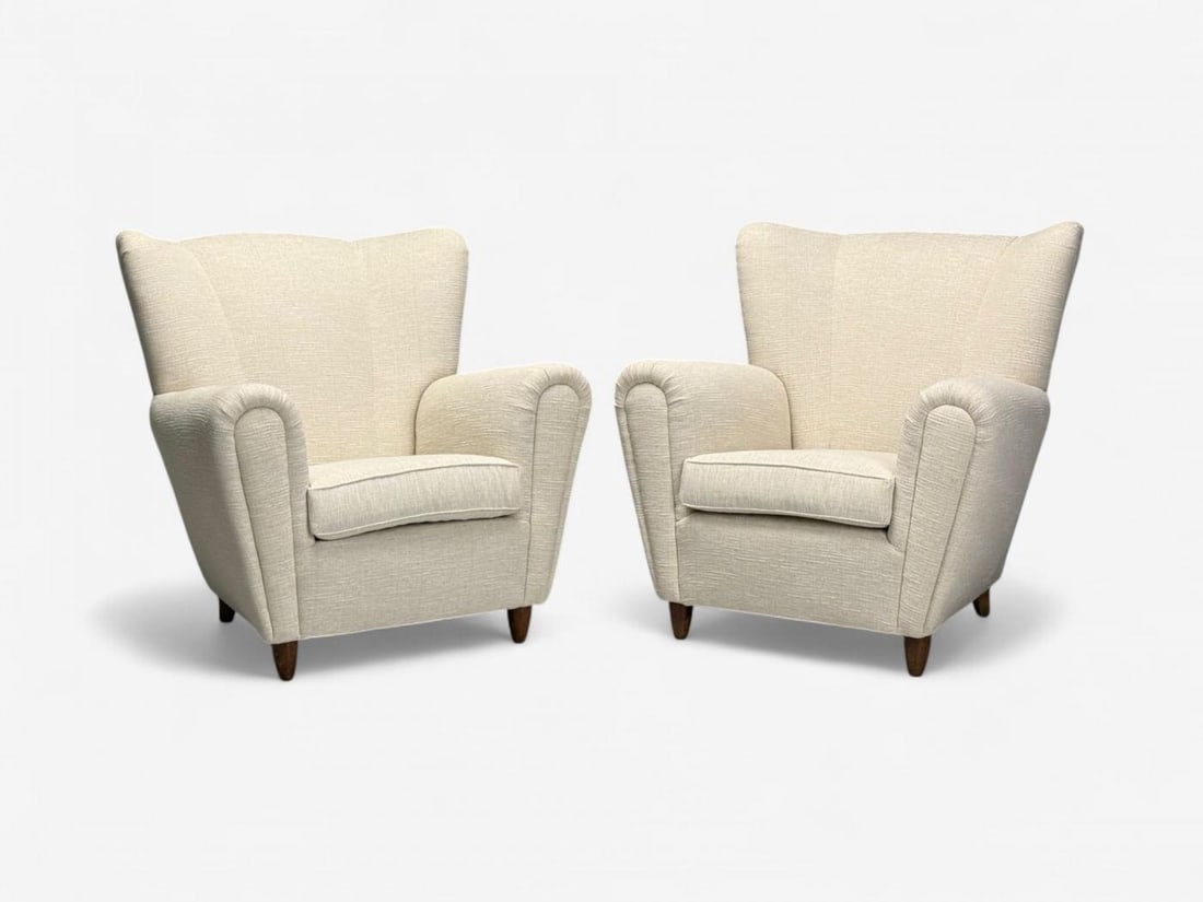 Italian Modern, Stained Wood, Beige Tweed Fabric, Club Chairs, Italy, 1940s - 5