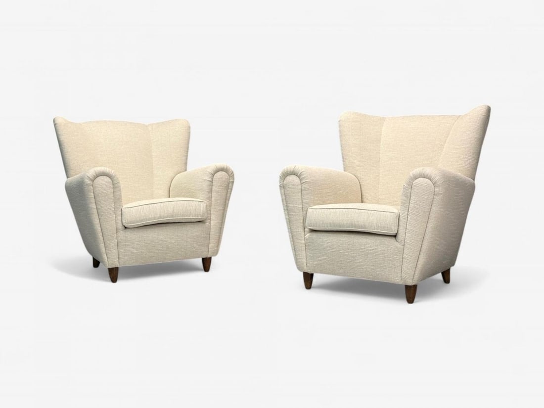 Italian Modern, Stained Wood, Beige Tweed Fabric, Club Chairs, Italy, 1940s - 6