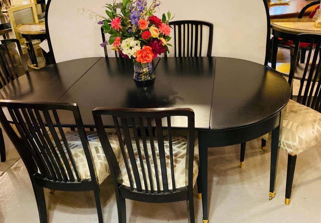 Ebony Demilune Card/Center or Dining Table, Hollywood Regency Attributed Jansen - 4