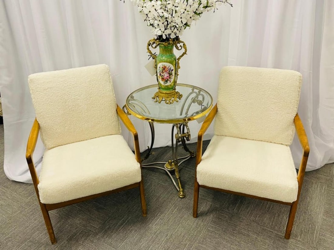 France and Daverkosen Teak Armchairs, Mid-Century Modern in Sherpa Style Fabric - 4