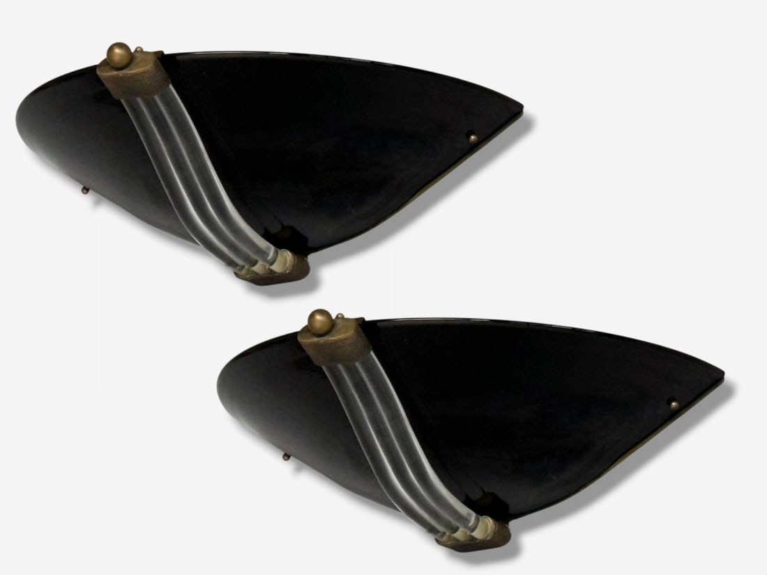 Italian Modern, Black Murano Glass, Brass, Large Sconces, Italy, 1930s - 3