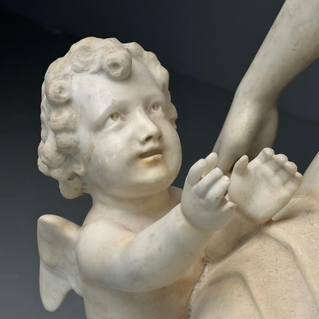 Jean-Marie Boucher, Venus and Cupid Marble Statue, White Marble, Romantic, 1910 - 12