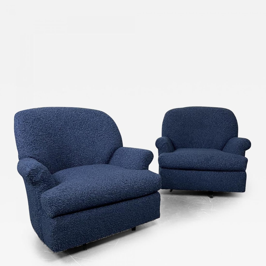 Pair of Mid-Century Modern Scroll Arm Swivel Lounge / Arm Chairs, Faux Shearling - 2