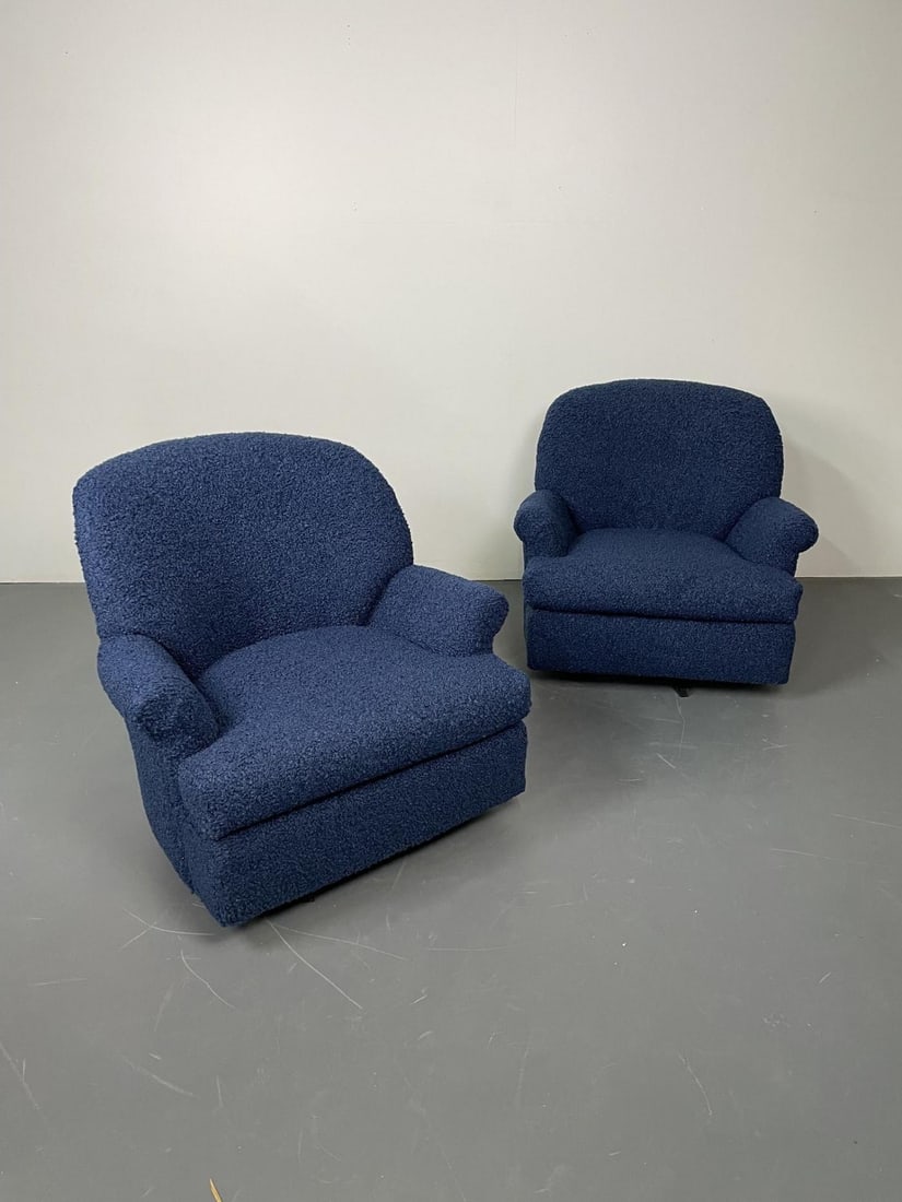 Pair of Mid-Century Modern Scroll Arm Swivel Lounge / Arm Chairs, Faux Shearling - 5