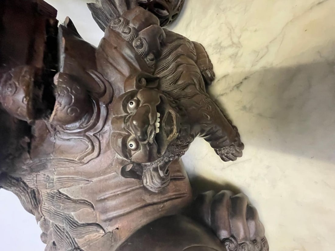 Pair of 18th/19th Century Solid Teak Foo Dogs, Opposing, Statuary, - 3