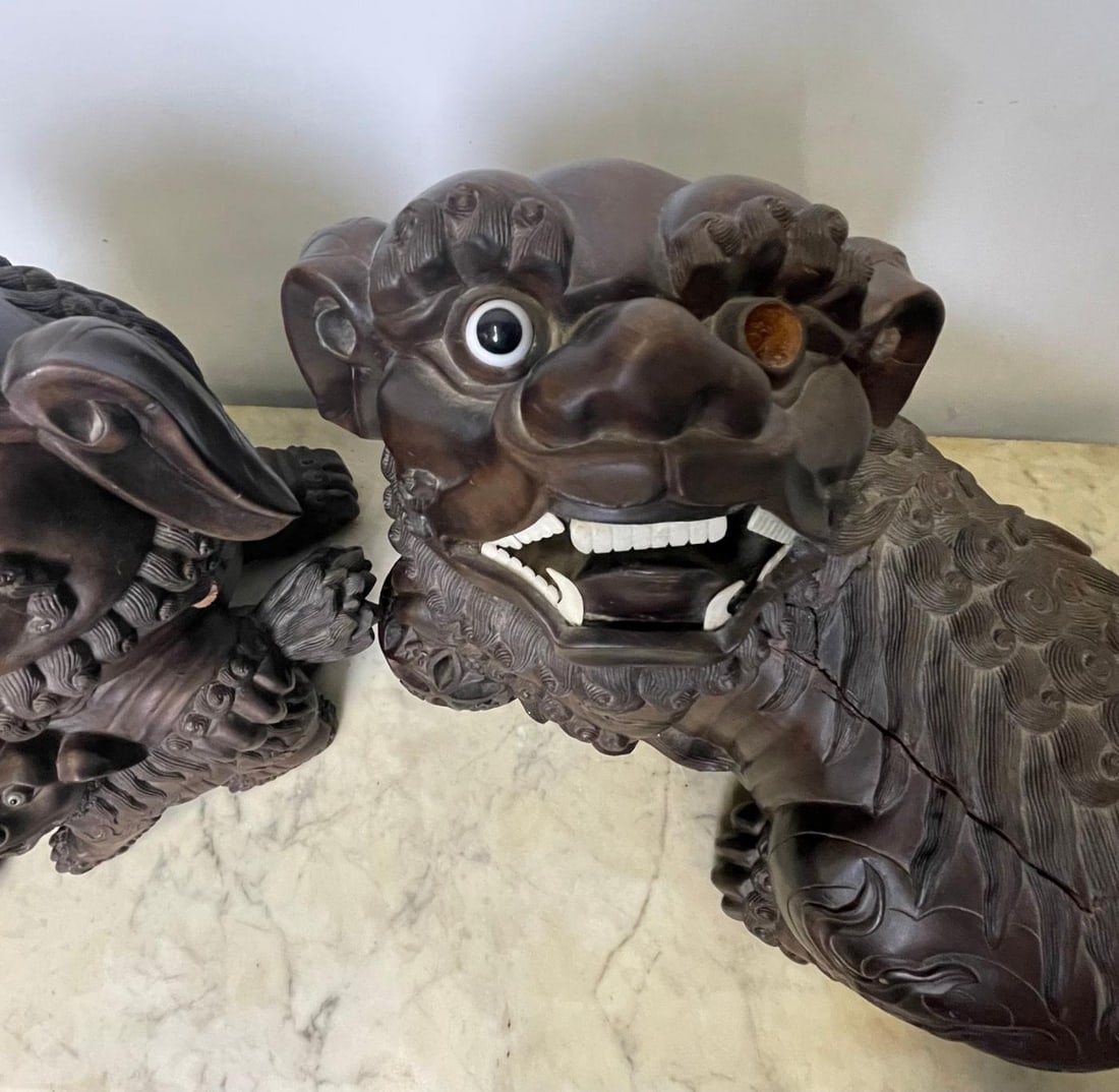 Pair of 18th/19th Century Solid Teak Foo Dogs, Opposing, Statuary, - 5