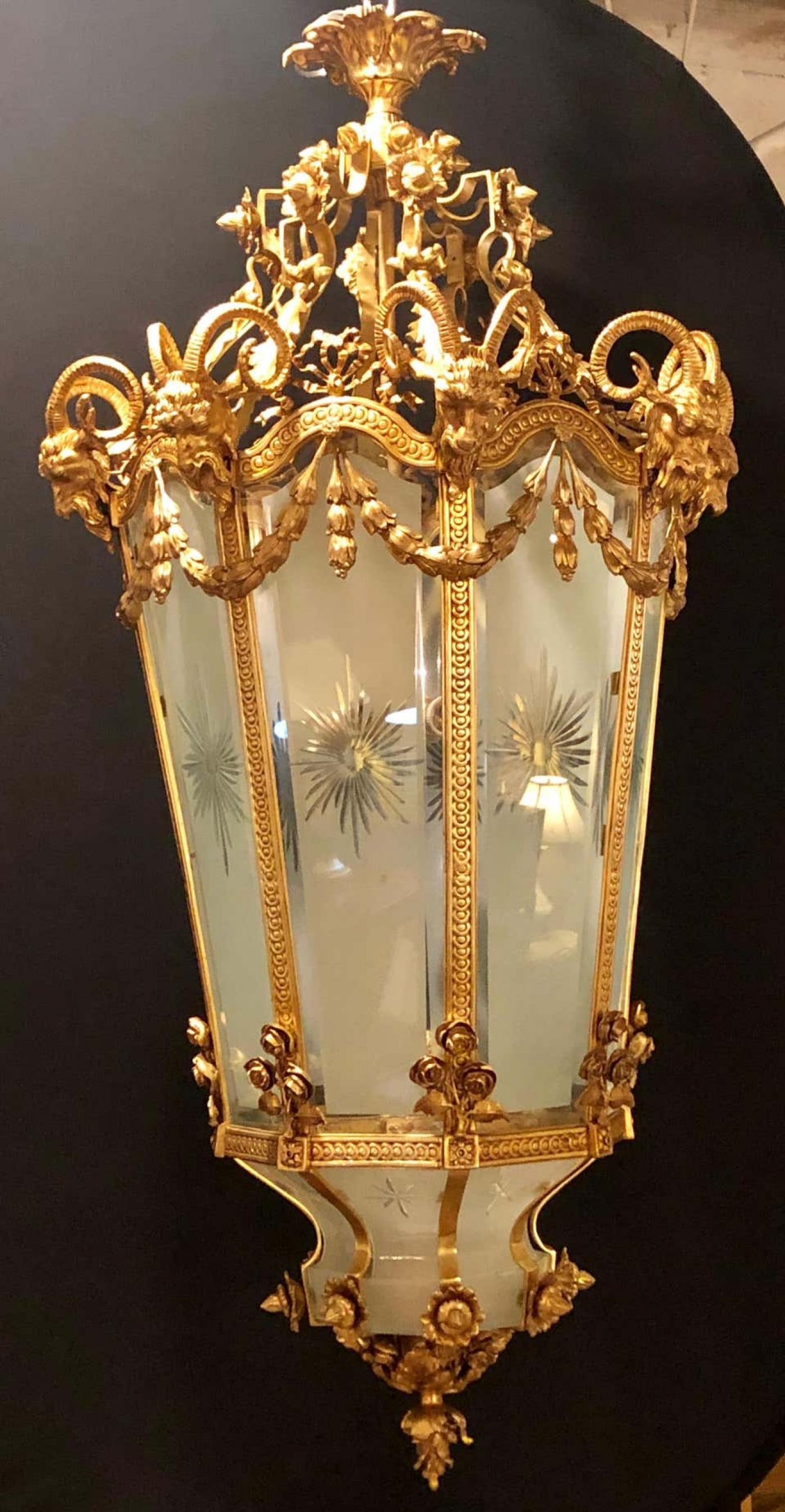 Pair of Monumental Louis XVI Style Doré Bronze Large Rams Head Lanterns - 6