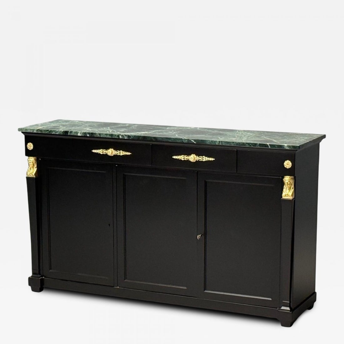Hollywood Regency, Empire Style, Satin Black Wood, Bronze, Credenza, 1940s: Title: Hollywood Regency, Empire Style, Satin Black Wood, Bronze, Credenza, 1940s Description: Hollywood Regency, Empire Style, Satin Black Wood, Bronze, Green Marble, Credenza, 1940s A