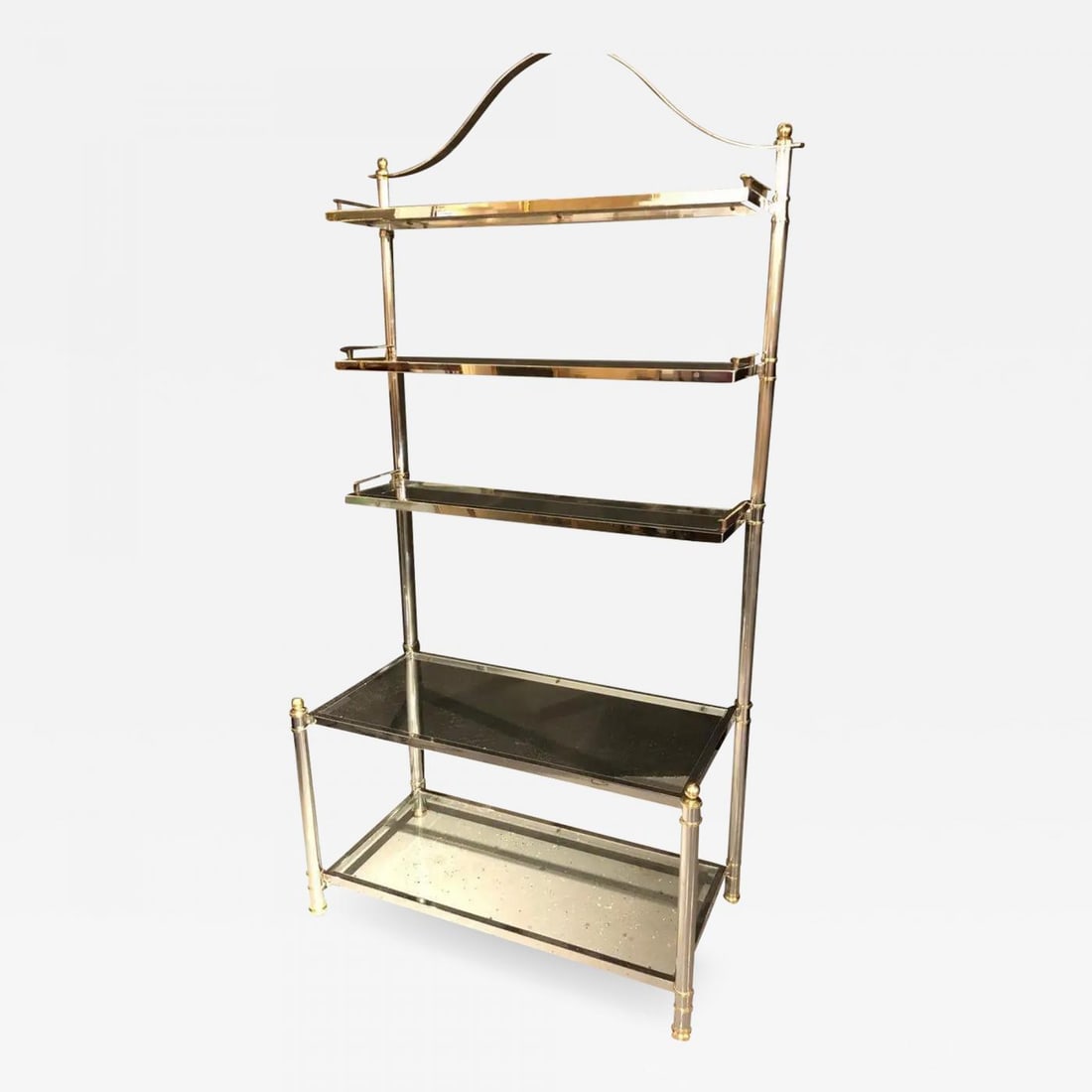 Maison Jansen Style Hollywood Regency Étagère, Bookcase, Brass and Steel Design: Title: Maison Jansen Style Hollywood Regency Étagère, Bookcase, Brass and Steel Design Description: Maison Jansen style Hollywood Regency étagère or bookcase. Having a brass and st