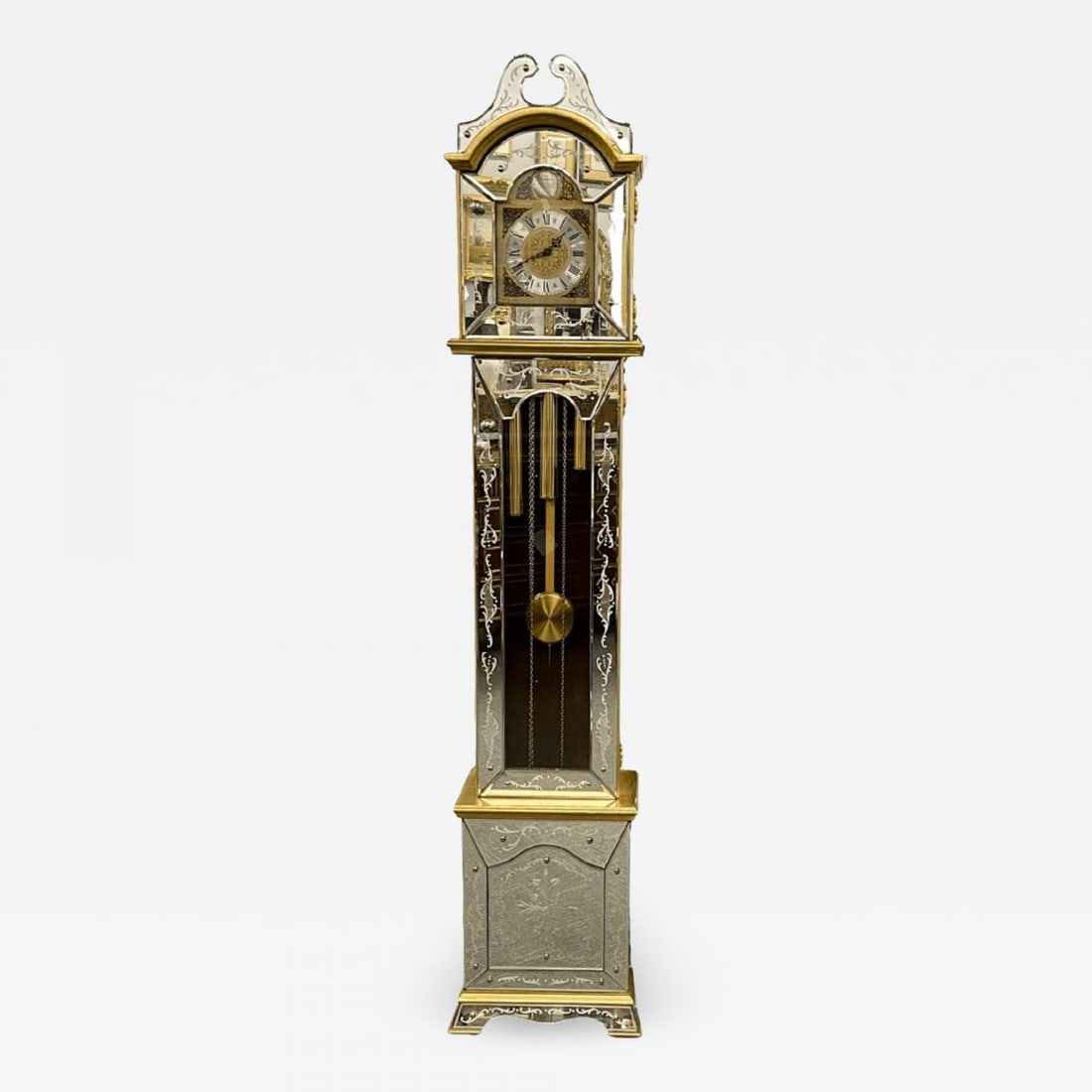 Venetian Etched Glass Tall Case Grandfather Clock, Giltwood, Tempus Fugit: Title: Venetian Etched Glass Tall Case Grandfather Clock, Giltwood, Tempus Fugit Description: Hollywood Regency style Beveled Etched glass tall case grandfather clock. This highly decorative Hollywood