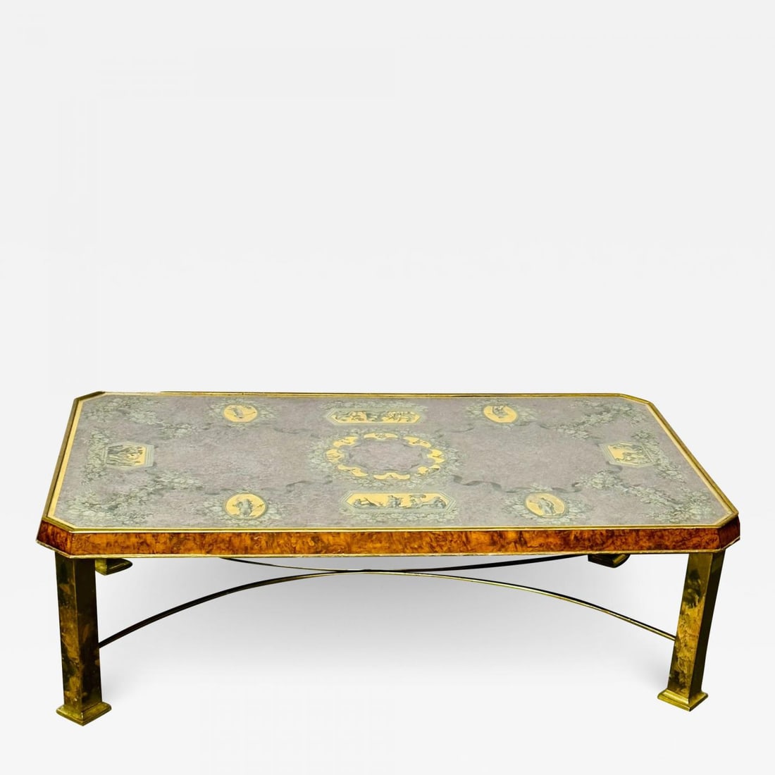 Piero Fornasetti Style Italian Coffee, Cocktail Table, Bronze, Burlwood, 1940s: Title: Piero Fornasetti Style Italian Coffee, Cocktail Table, Bronze, Burlwood, 1940s Description: Piero Fornasetti Style Italian Coffee, Cocktail Table, Bronze, Burlwood, 1940s This spectacular coffe