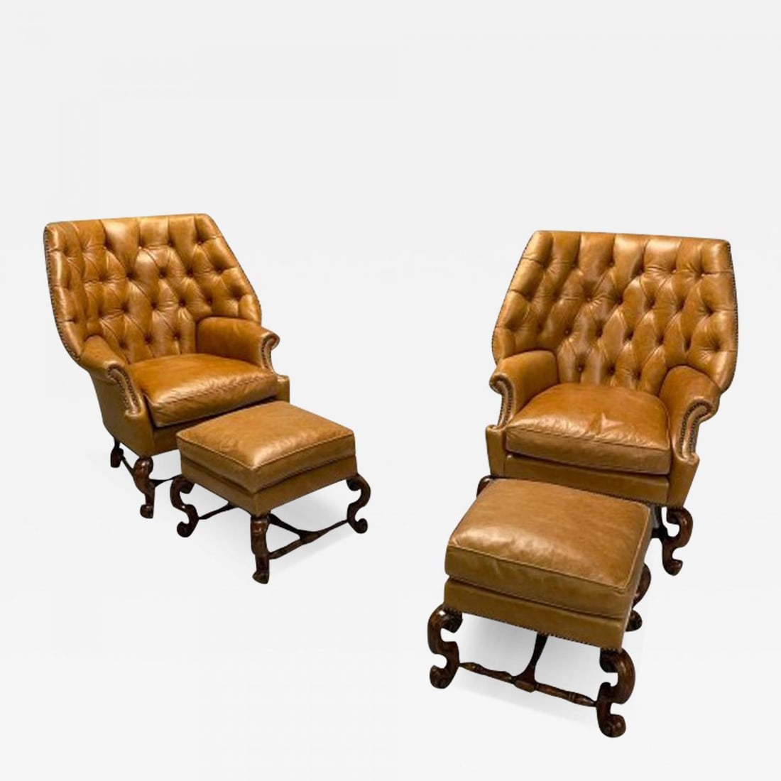Georgian, Large Tufted Lounge Chairs and Ottomans, Tan Leather, USA, 2000s - 2
